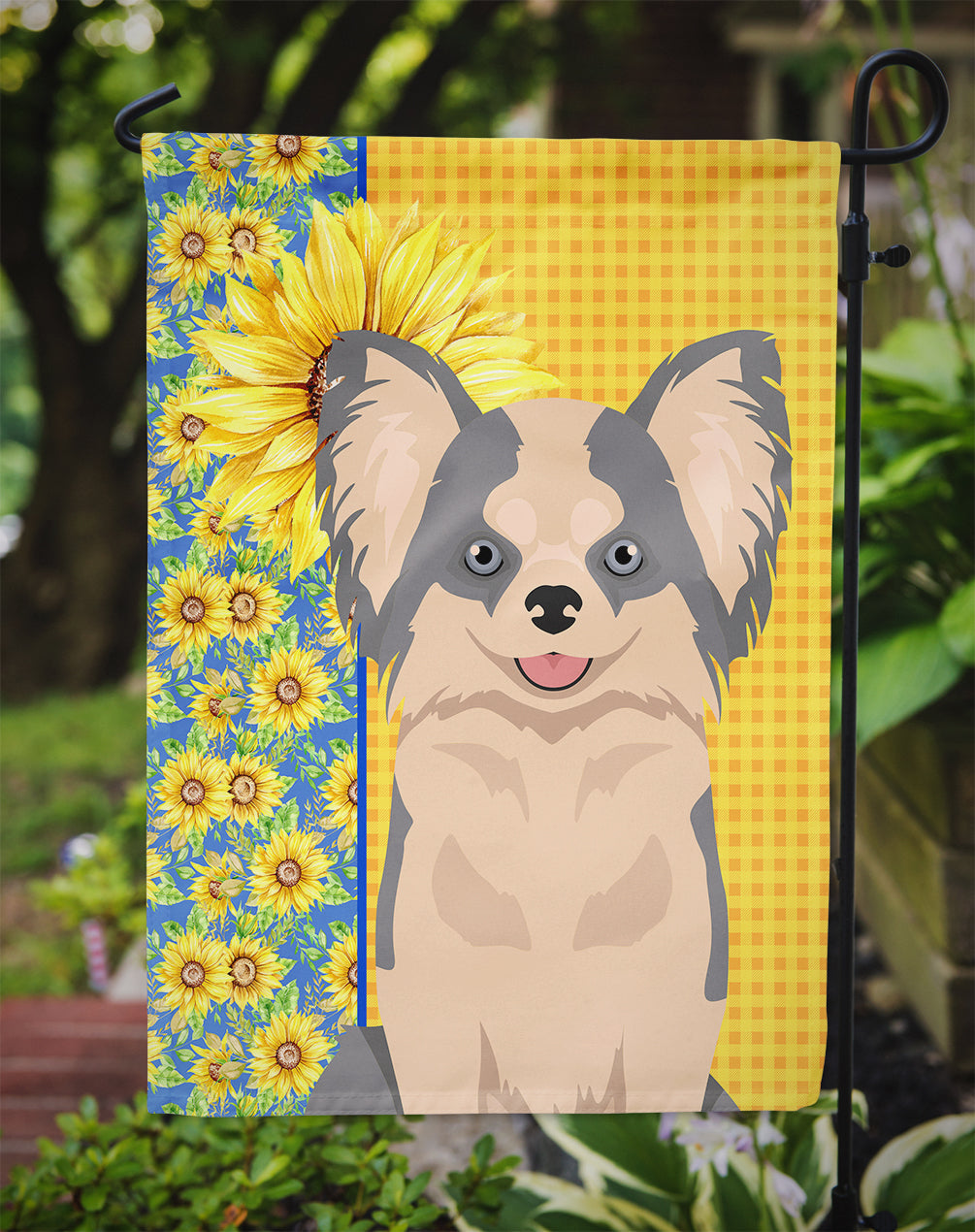 Summer Sunflowers Longhaired Blue and White Chihuahua Garden Flag Mailbox Decorative Yard Banner Outside Patio Artwork for Flower Beds, Garden Size, Multicolor