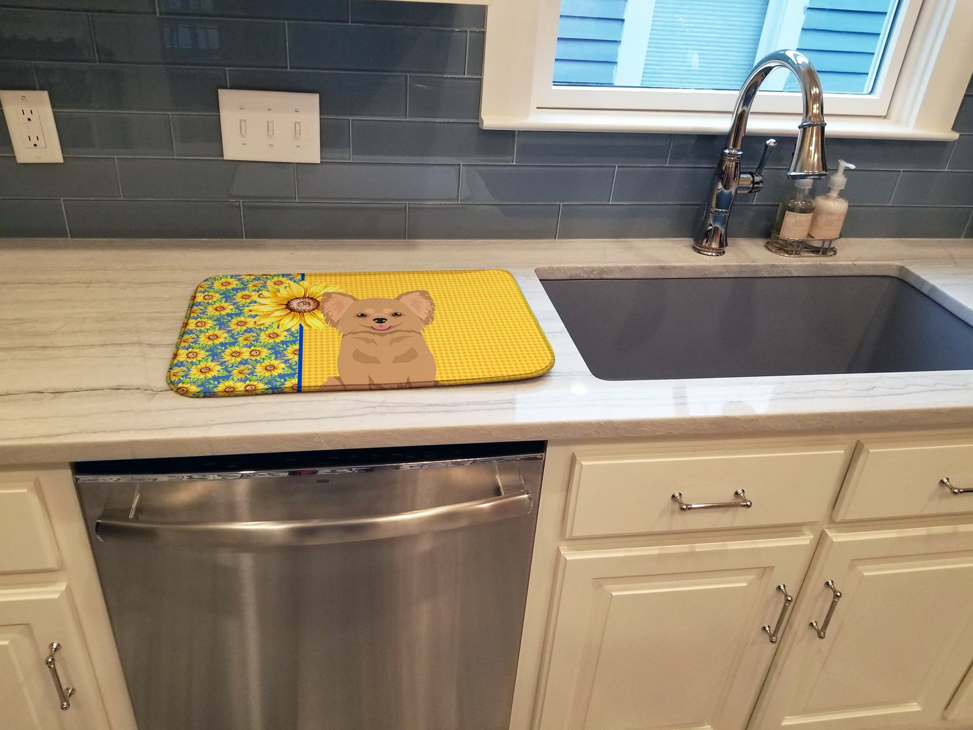 Summer Sunflowers Longhaired Gold Chihuahua Dish Drying Mat Absorbent Dish Drying Mat Pad for Kitchen Counter Dish Drainer Mat for Countertop, 14 x 21", Multicolor