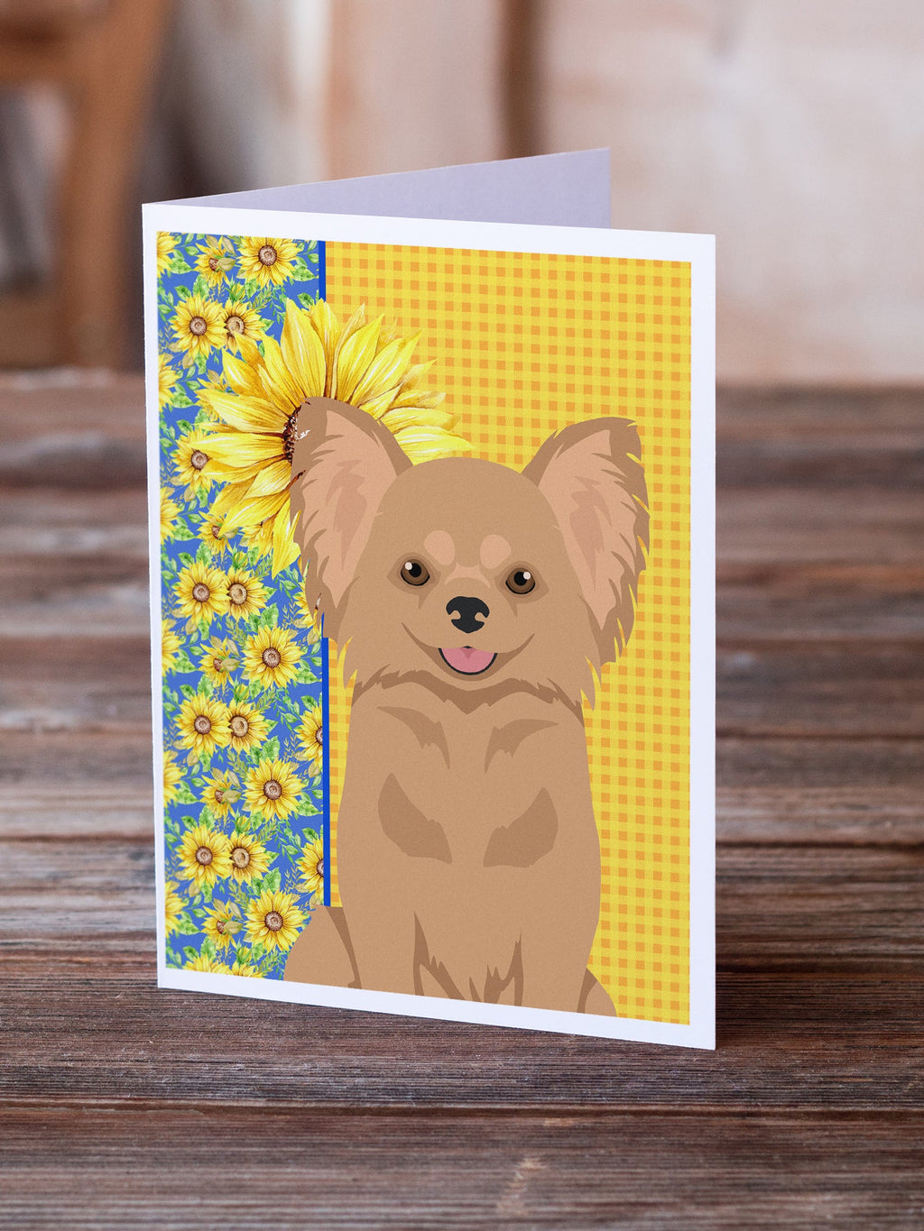 Summer Sunflowers Longhaired Gold Chihuahua Greeting Cards Pack of 8 Blank Cards with Envelopes Whimsical A7 Size 5x7
