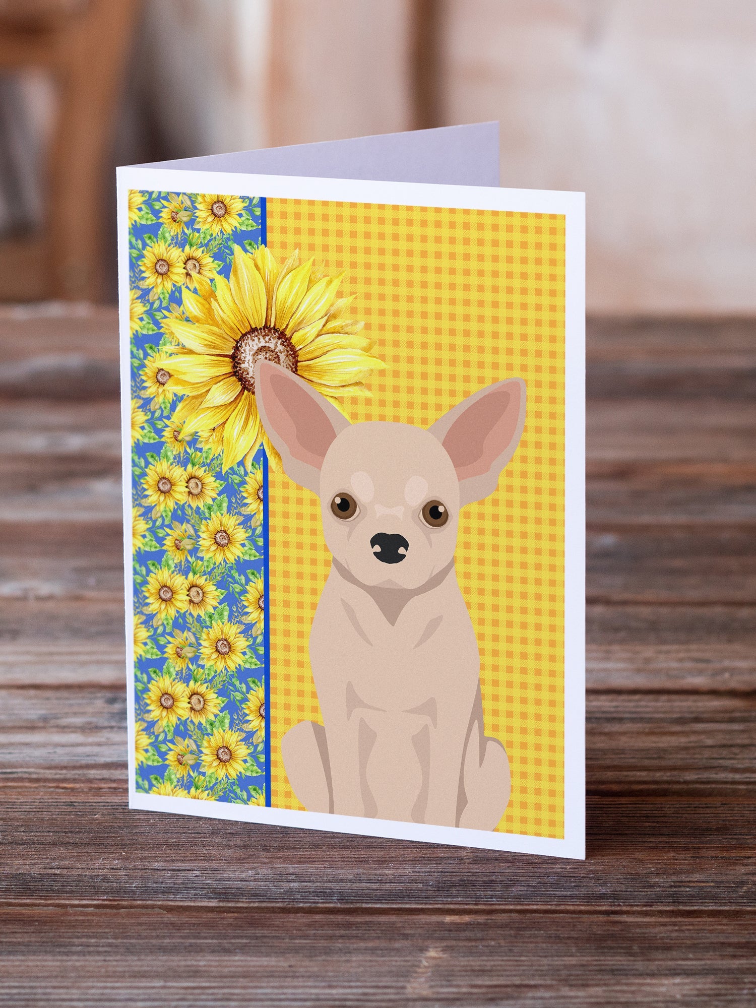 Summer Sunflowers Fawn Chihuahua Greeting Cards Pack of 8 Blank Cards with Envelopes Whimsical A7 Size 5x7