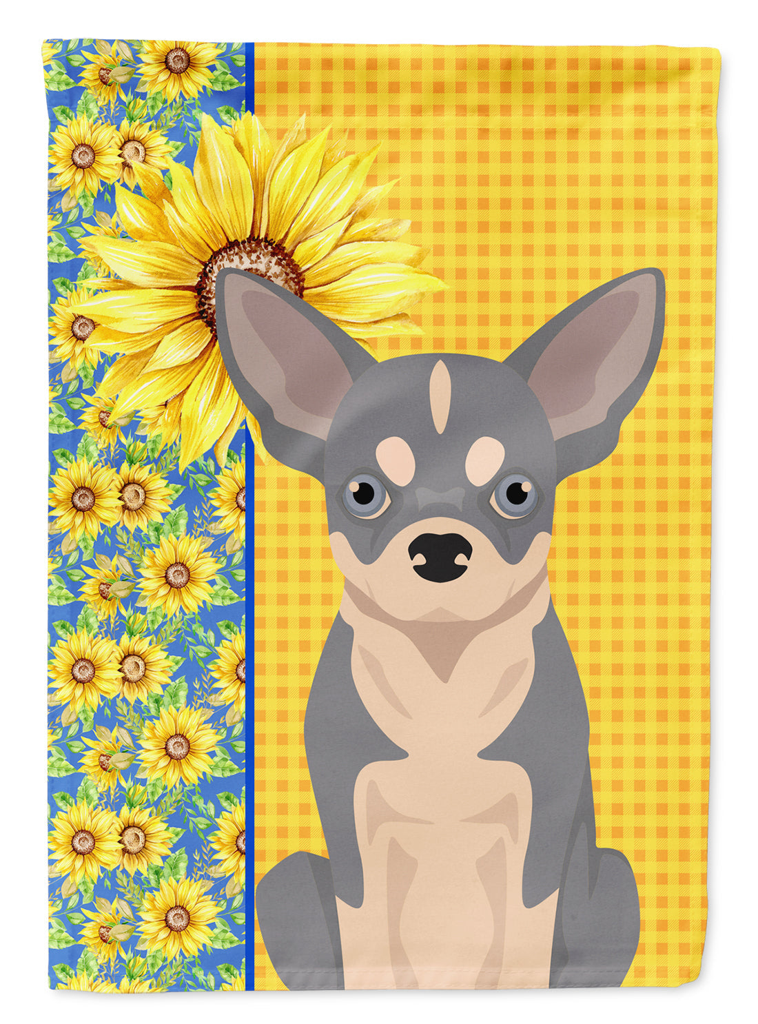 Summer Sunflowers Blue and White Chihuahua House Flag 28x40 Porch Sleeve Pole Decorative Outside Yard Banner Artwork Wall Hanging, Polyester