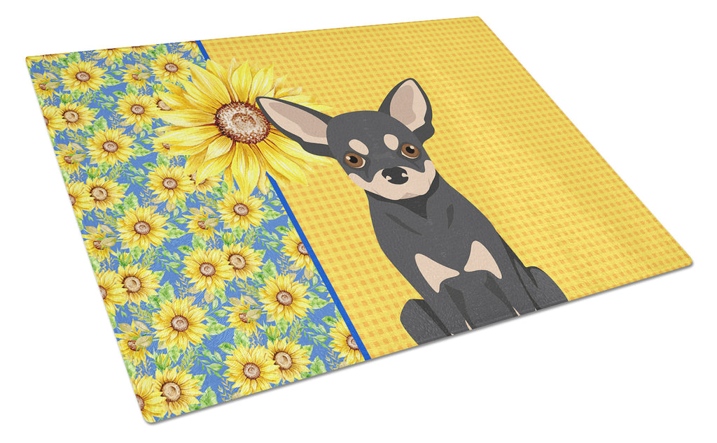 Summer Sunflowers Black and Cream Chihuahua Cutting Board Tempered Glass Kitchen Cutting Surface, Heat Resistant Chopping, Non-Slip Feet, Food Prep & Serving
