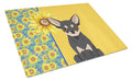 Summer Sunflowers Black and Cream Chihuahua Cutting Board Tempered Glass Kitchen Cutting Surface, Heat Resistant Chopping, Non-Slip Feet, Food Prep & Serving