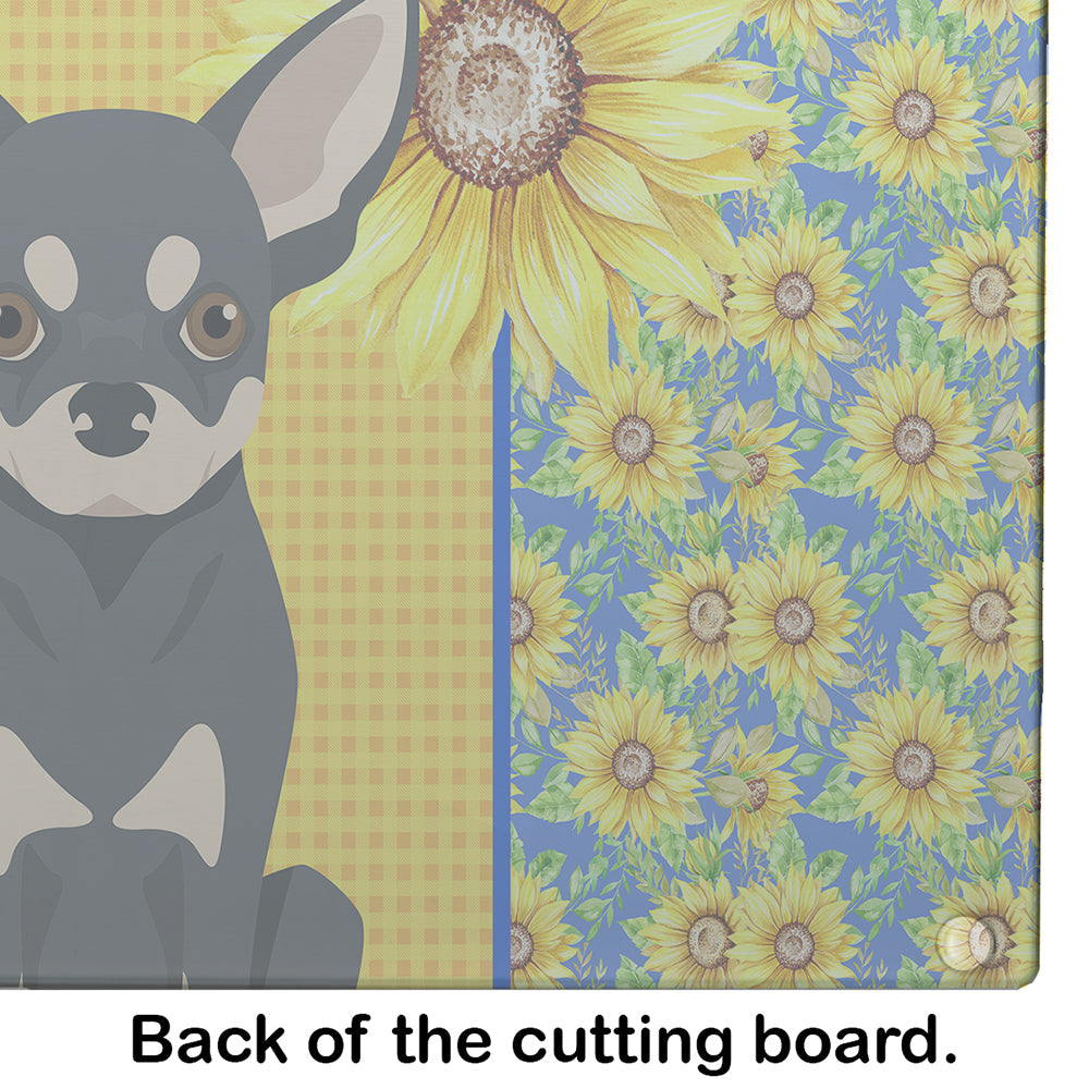 Summer Sunflowers Black and Cream Chihuahua Cutting Board Tempered Glass Kitchen Cutting Surface, Heat Resistant Chopping, Non-Slip Feet, Food Prep & Serving