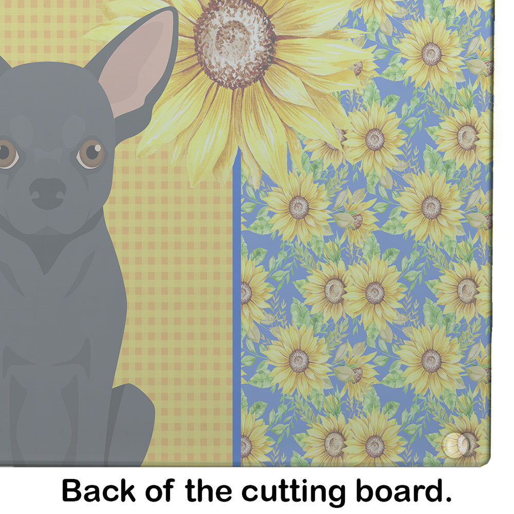 Summer Sunflowers Black Chihuahua Cutting Board Tempered Glass Kitchen Cutting Surface, Heat Resistant Chopping, Non-Slip Feet, Food Prep & Serving