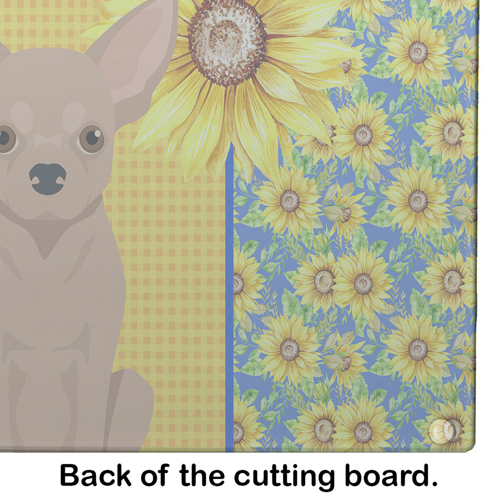 Summer Sunflowers Cream Chihuahua Cutting Board Tempered Glass Kitchen Cutting Surface, Heat Resistant Chopping, Non-Slip Feet, Food Prep & Serving