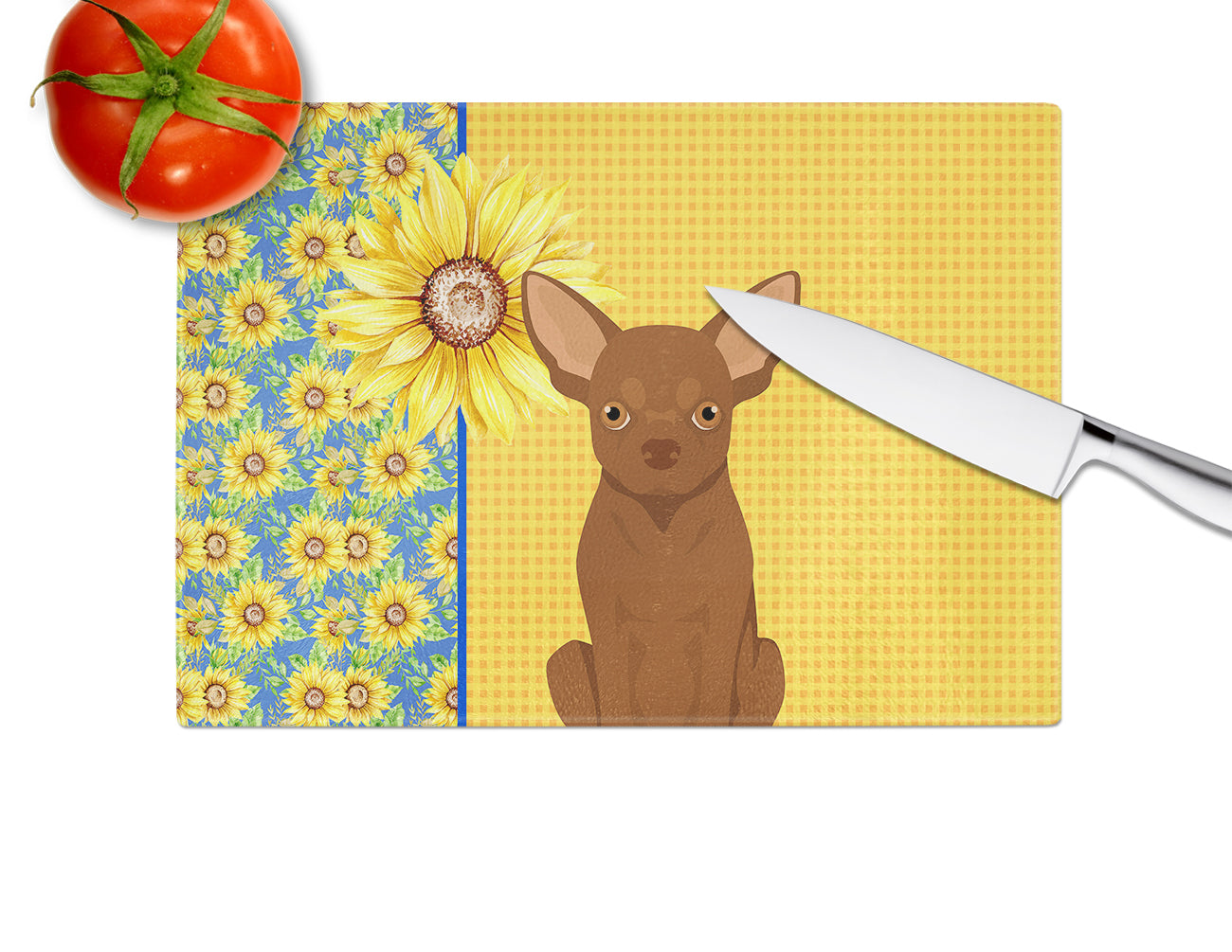Summer Sunflowers Chocolate Chihuahua Cutting Board Tempered Glass Kitchen Cutting Surface, Heat Resistant Chopping, Non-Slip Feet, Food Prep & Serving