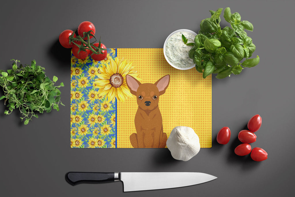 Summer Sunflowers Red Chihuahua Cutting Board Tempered Glass Kitchen Cutting Surface, Heat Resistant Chopping, Non-Slip Feet, Food Prep & Serving