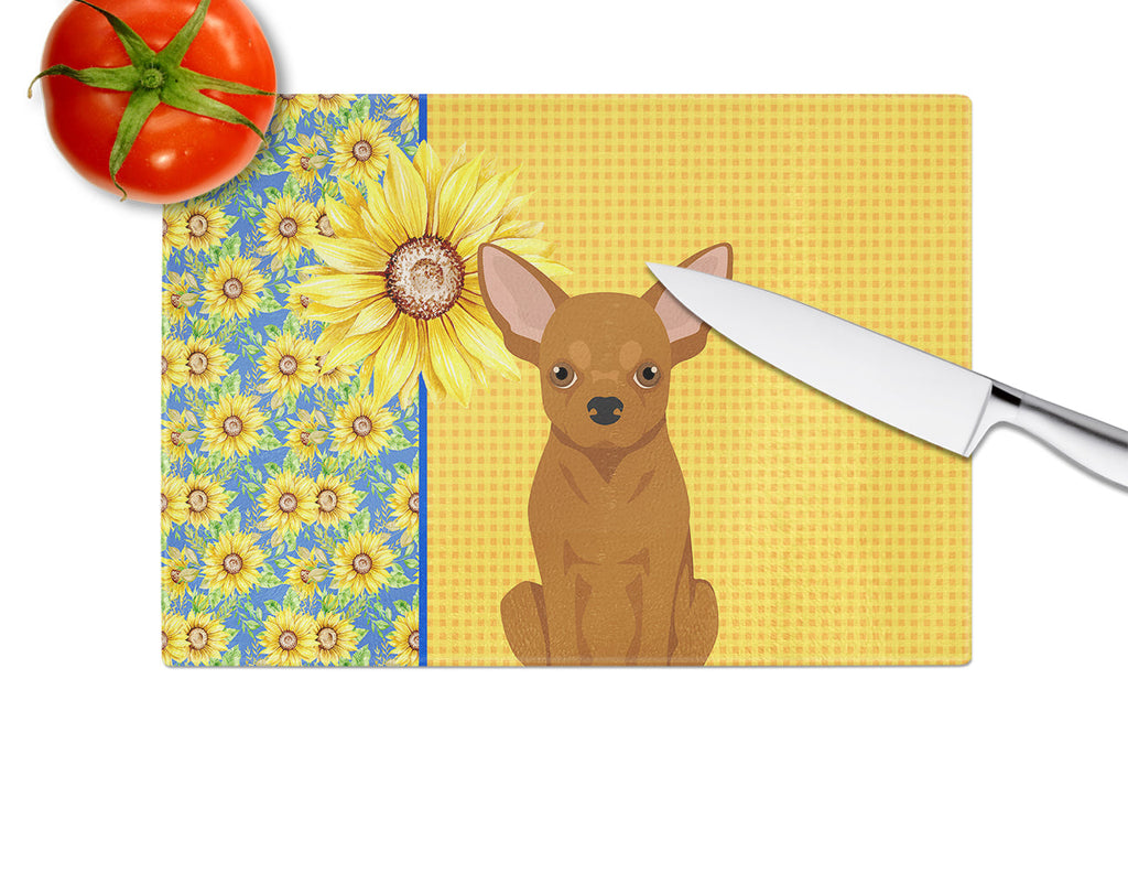 Summer Sunflowers Red Chihuahua Cutting Board Tempered Glass Kitchen Cutting Surface, Heat Resistant Chopping, Non-Slip Feet, Food Prep & Serving
