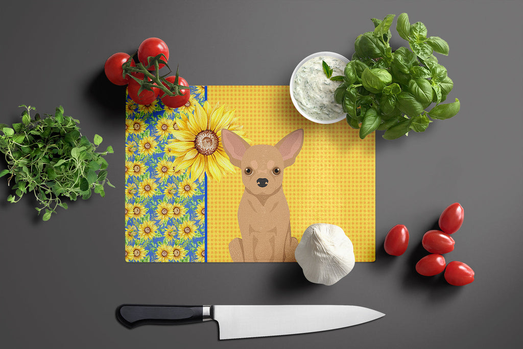 Summer Sunflowers Gold Chihuahua Cutting Board Tempered Glass Kitchen Cutting Surface, Heat Resistant Chopping, Non-Slip Feet, Food Prep & Serving