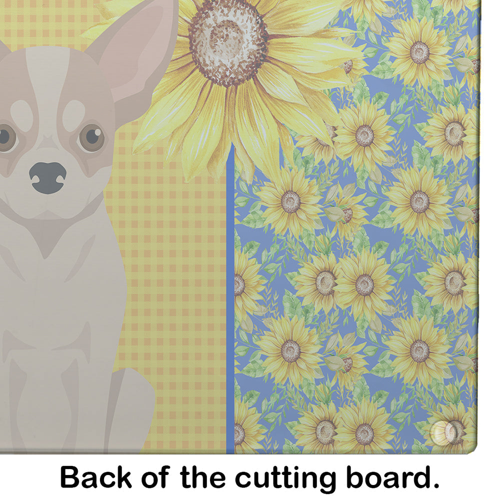 Summer Sunflowers Fawn and White Chihuahua Cutting Board Tempered Glass Kitchen Cutting Surface, Heat Resistant Chopping, Non-Slip Feet, Food Prep & Serving