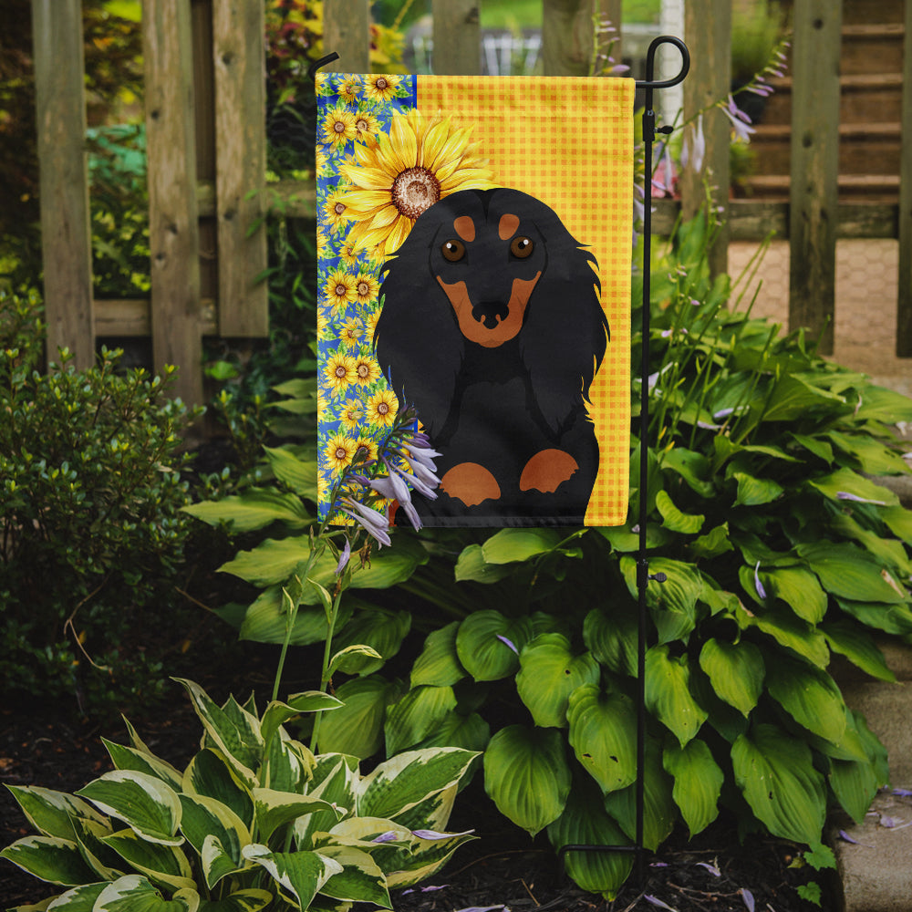 Summer Sunflowers Longhair Black and Tan Dachshund Garden Flag Mailbox Decorative Yard Banner Outside Patio Artwork for Flower Beds, Garden Size, Multicolor