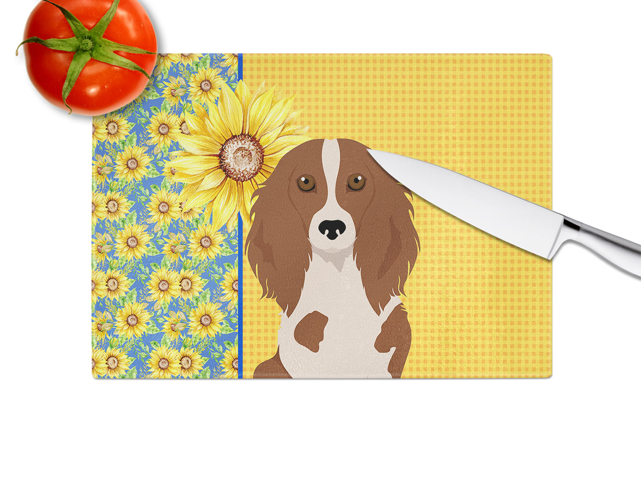 Summer Sunflowers Longhair Red Pedbald Dachshund Cutting Board Tempered Glass Kitchen Cutting Surface, Heat Resistant Chopping, Non-Slip Feet, Food Prep & Serving