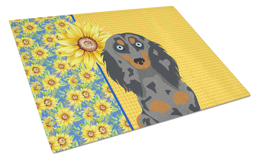Summer Sunflowers Longhair Blue and Tan Dapple Dachshund Cutting Board Tempered Glass Kitchen Cutting Surface, Heat Resistant Chopping, Non-Slip Feet, Food Prep & Serving
