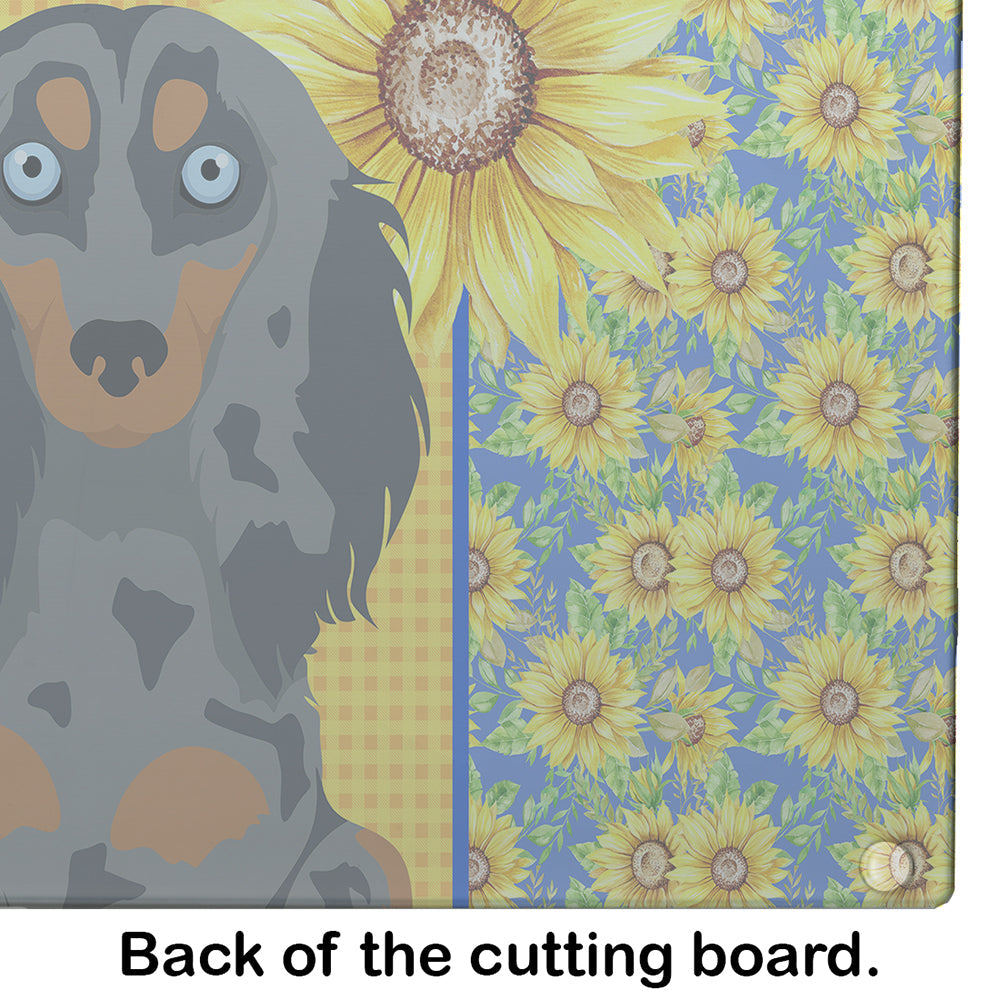 Summer Sunflowers Longhair Blue and Tan Dapple Dachshund Cutting Board Tempered Glass Kitchen Cutting Surface, Heat Resistant Chopping, Non-Slip Feet, Food Prep & Serving