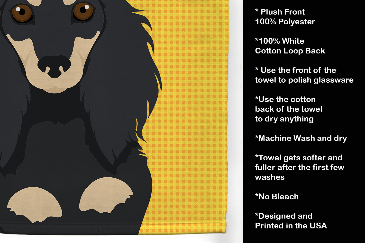 Summer Sunflowers Longhair Black and Cream Dachshund Kitchen Towel Velour Plush Front and Cotton Loop Back Machine Washable