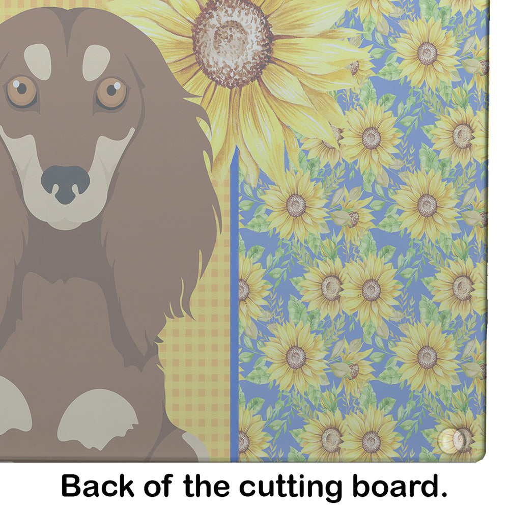 Summer Sunflowers Longhair Chocolate and Cream Dachshund Cutting Board Tempered Glass Kitchen Cutting Surface, Heat Resistant Chopping, Non-Slip Feet, Food Prep & Serving