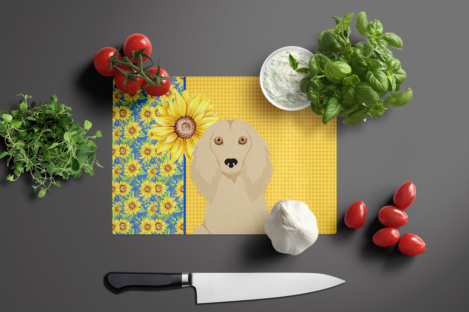 Summer Sunflowers Longhair Cream Dachshund Cutting Board Tempered Glass Kitchen Cutting Surface, Heat Resistant Chopping, Non-Slip Feet, Food Prep & Serving