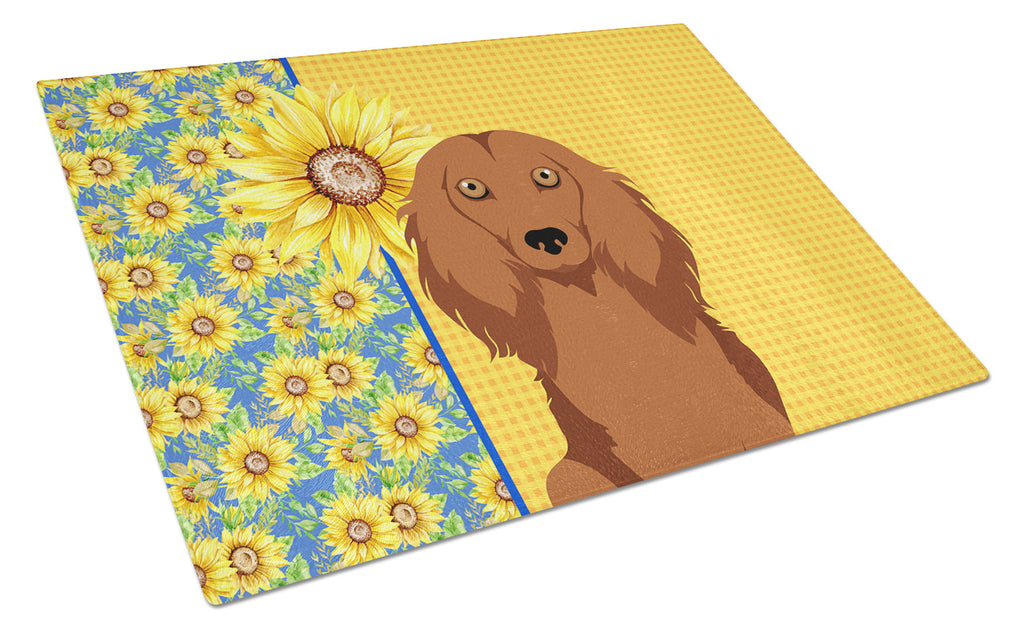 Summer Sunflowers Longhair Red Dachshund Cutting Board Tempered Glass Kitchen Cutting Surface, Heat Resistant Chopping, Non-Slip Feet, Food Prep & Serving