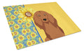 Summer Sunflowers Longhair Red Dachshund Cutting Board Tempered Glass Kitchen Cutting Surface, Heat Resistant Chopping, Non-Slip Feet, Food Prep & Serving