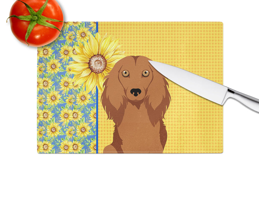 Summer Sunflowers Longhair Red Dachshund Cutting Board Tempered Glass Kitchen Cutting Surface, Heat Resistant Chopping, Non-Slip Feet, Food Prep & Serving