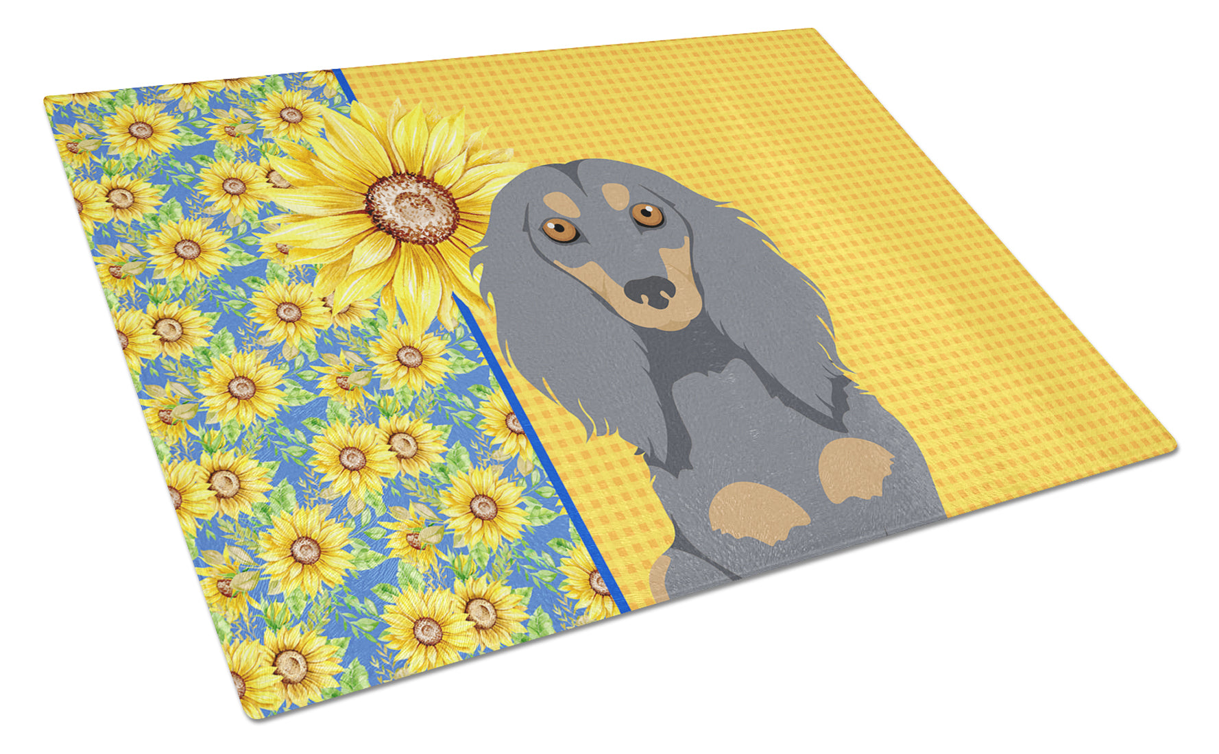 Summer Sunflowers Longhair Blue and Tan Dachshund Cutting Board Tempered Glass Kitchen Cutting Surface, Heat Resistant Chopping, Non-Slip Feet, Food Prep & Serving