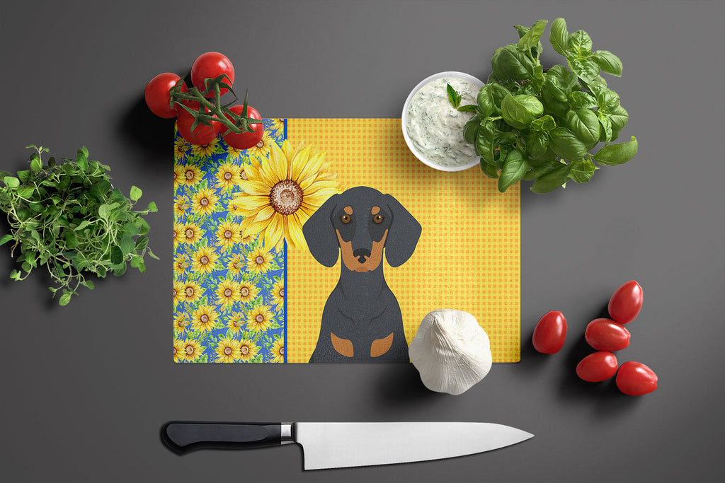 Summer Sunflowers Black and Tan Dachshund Cutting Board Tempered Glass Kitchen Cutting Surface, Heat Resistant Chopping, Non-Slip Feet, Food Prep & Serving