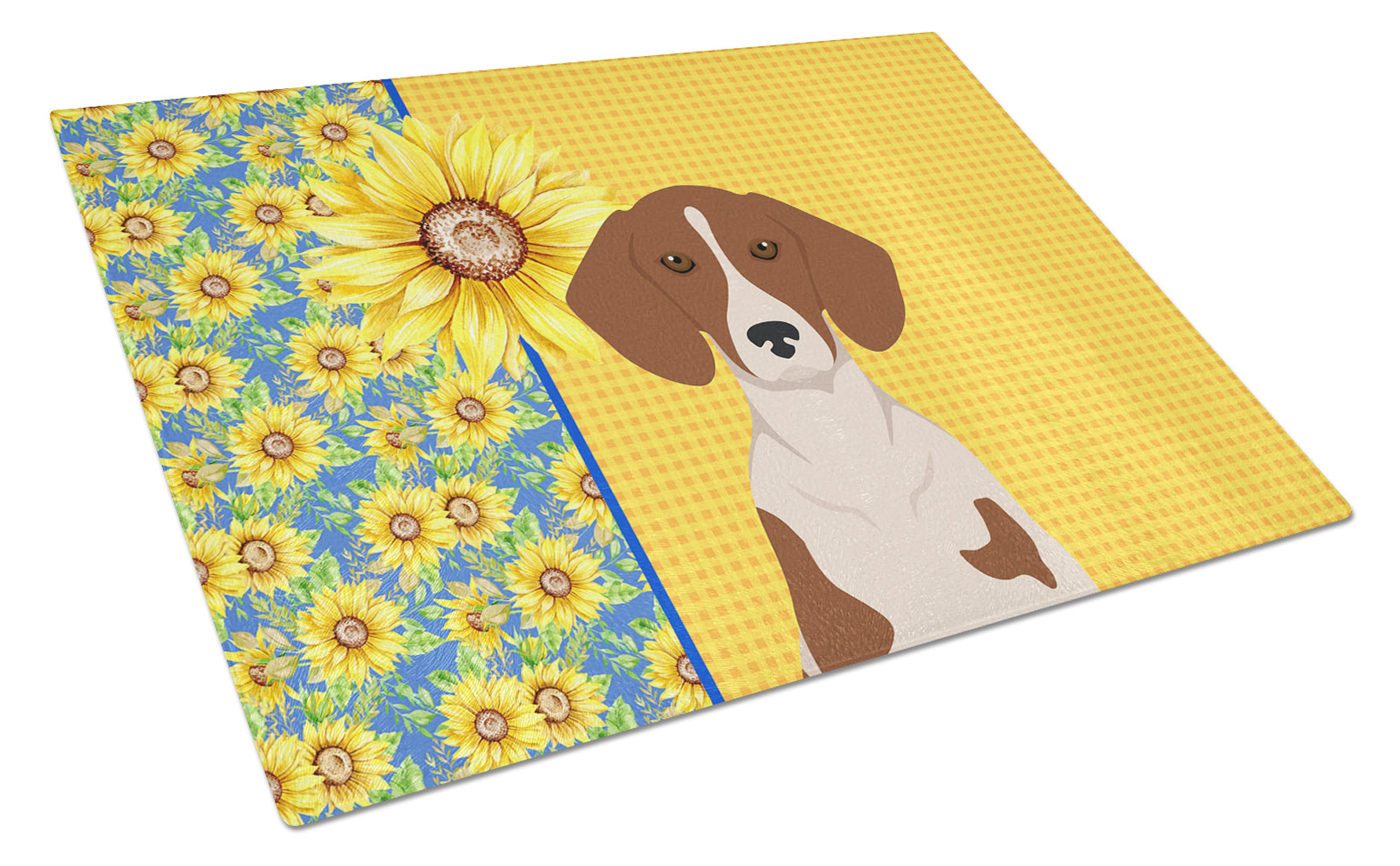 Summer Sunflowers Red Piebald Dachshund Cutting Board Tempered Glass Kitchen Cutting Surface, Heat Resistant Chopping, Non-Slip Feet, Food Prep & Serving