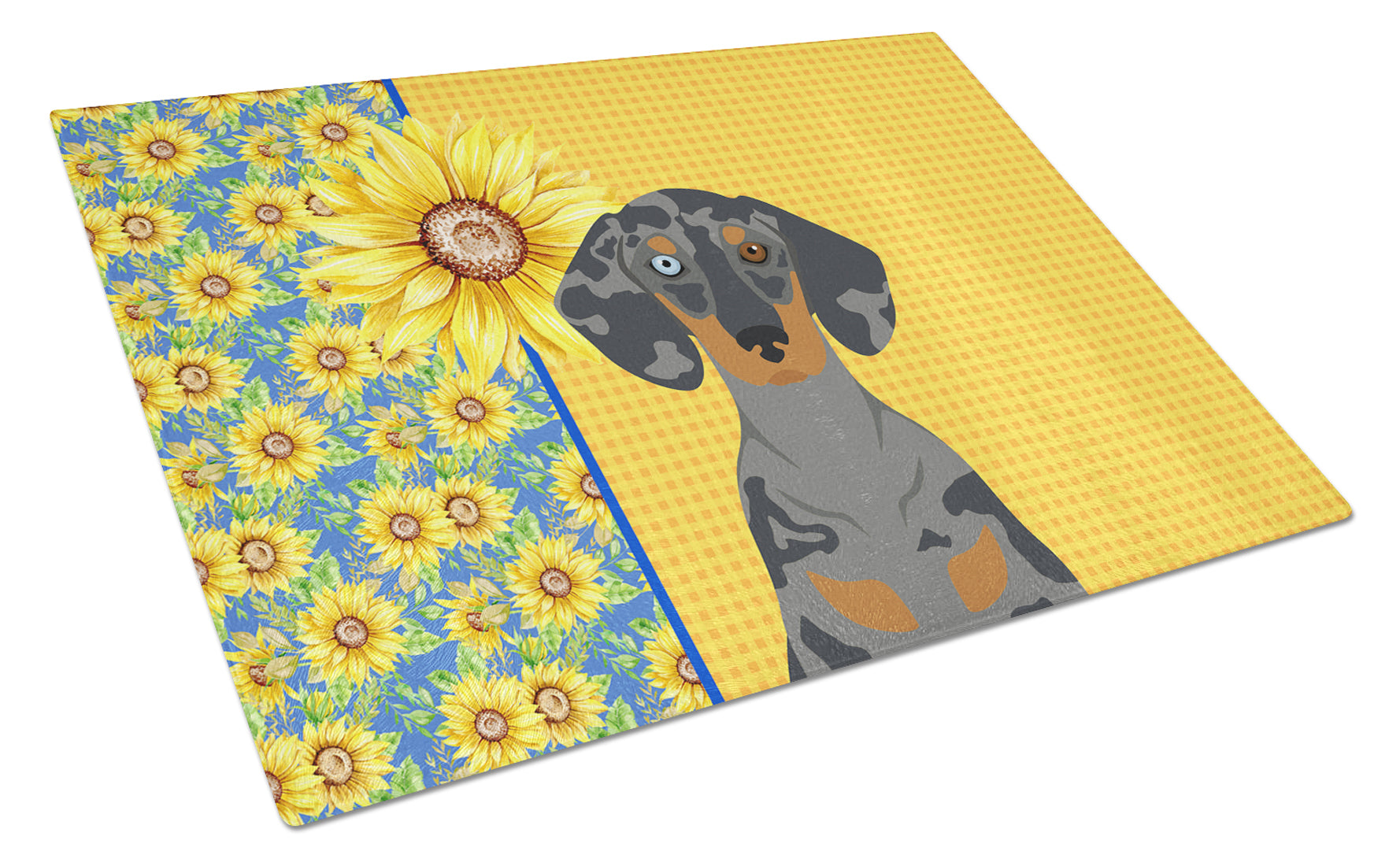 Summer Sunflowers Black Dapple Dachshund Cutting Board Tempered Glass Kitchen Cutting Surface, Heat Resistant Chopping, Non-Slip Feet, Food Prep & Serving