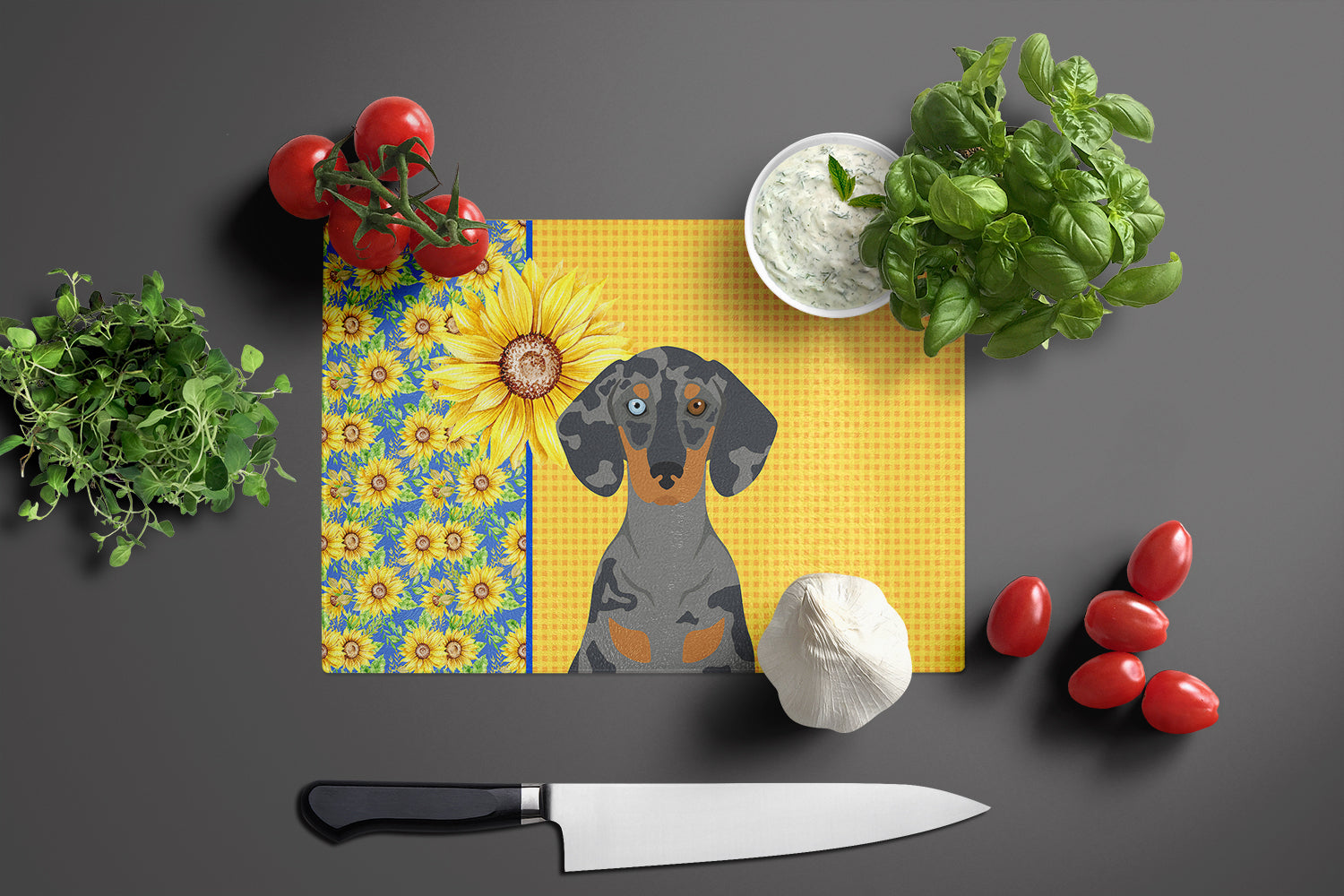 Summer Sunflowers Black Dapple Dachshund Cutting Board Tempered Glass Kitchen Cutting Surface, Heat Resistant Chopping, Non-Slip Feet, Food Prep & Serving