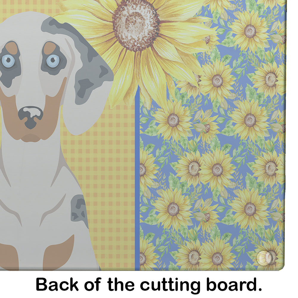 Summer Sunflowers Cream Dapple Dachshund Cutting Board Tempered Glass Kitchen Cutting Surface, Heat Resistant Chopping, Non-Slip Feet, Food Prep & Serving