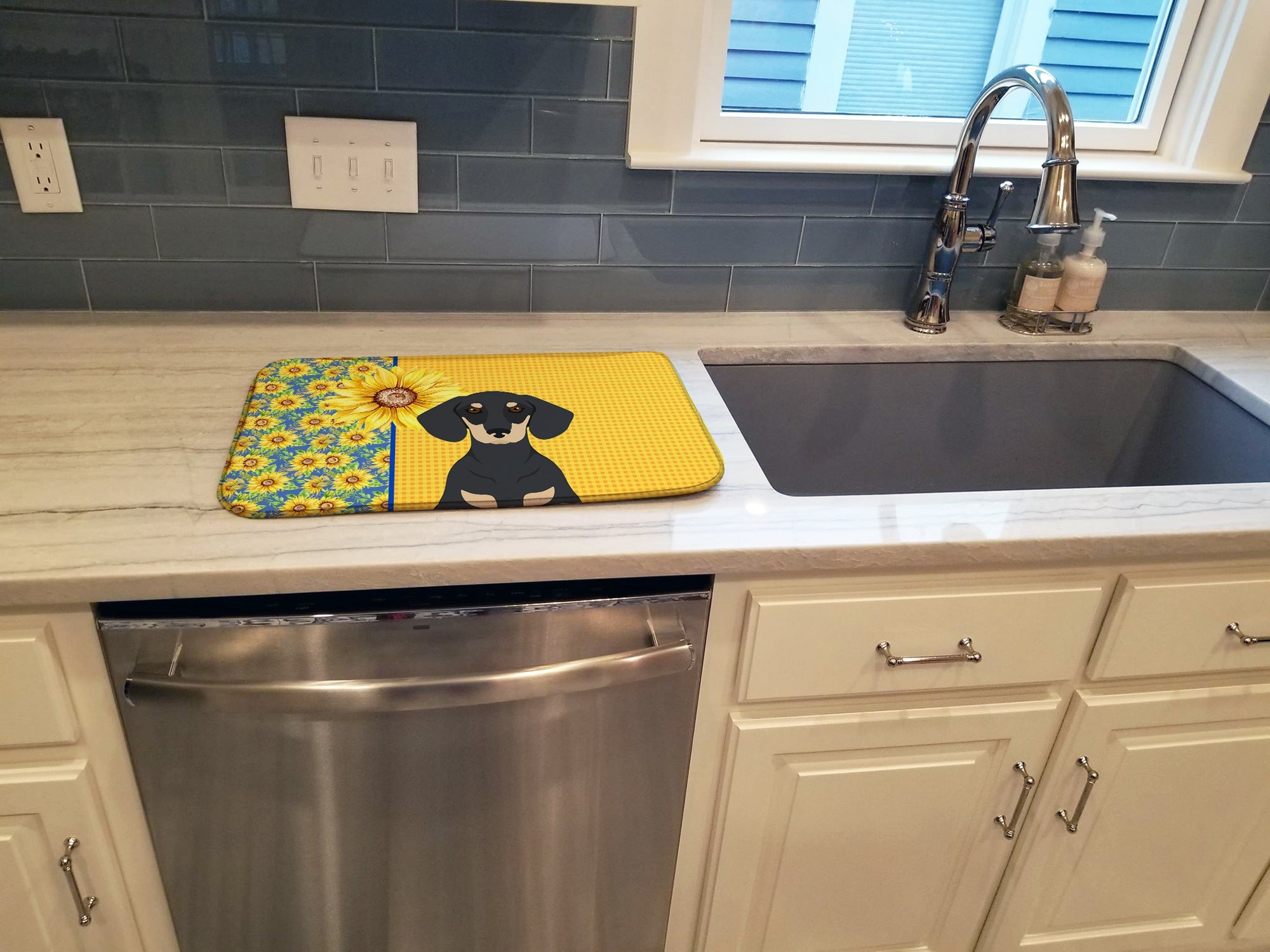Summer Sunflowers Black and Cream Dachshund Dish Drying Mat Absorbent Dish Drying Mat Pad for Kitchen Counter Dish Drainer Mat for Countertop, 14 x 21", Multicolor