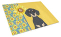 Summer Sunflowers Black and Cream Dachshund Cutting Board Tempered Glass Kitchen Cutting Surface, Heat Resistant Chopping, Non-Slip Feet, Food Prep & Serving