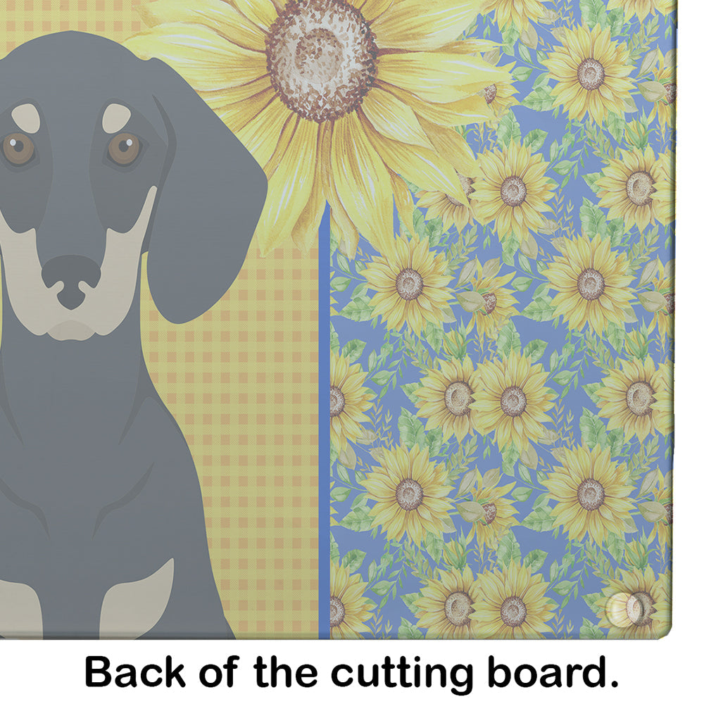 Summer Sunflowers Black and Cream Dachshund Cutting Board Tempered Glass Kitchen Cutting Surface, Heat Resistant Chopping, Non-Slip Feet, Food Prep & Serving