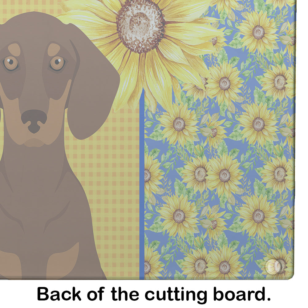 Summer Sunflowers Chocolate and Tan Dachshund Cutting Board Tempered Glass Kitchen Cutting Surface, Heat Resistant Chopping, Non-Slip Feet, Food Prep & Serving