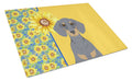 Summer Sunflowers Blue and Tan Dachshund Cutting Board Tempered Glass Kitchen Cutting Surface, Heat Resistant Chopping, Non-Slip Feet, Food Prep & Serving