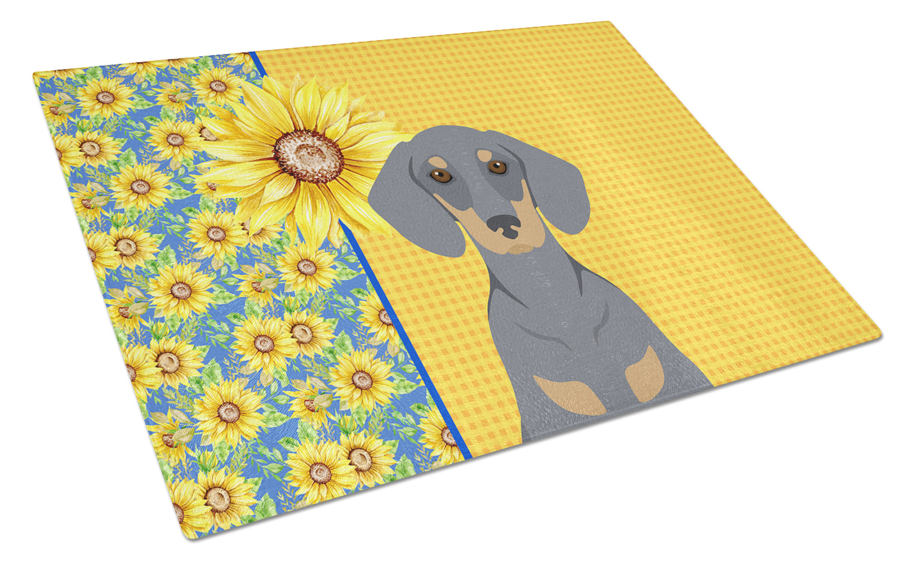 Summer Sunflowers Blue and Tan Dachshund Cutting Board Tempered Glass Kitchen Cutting Surface, Heat Resistant Chopping, Non-Slip Feet, Food Prep & Serving