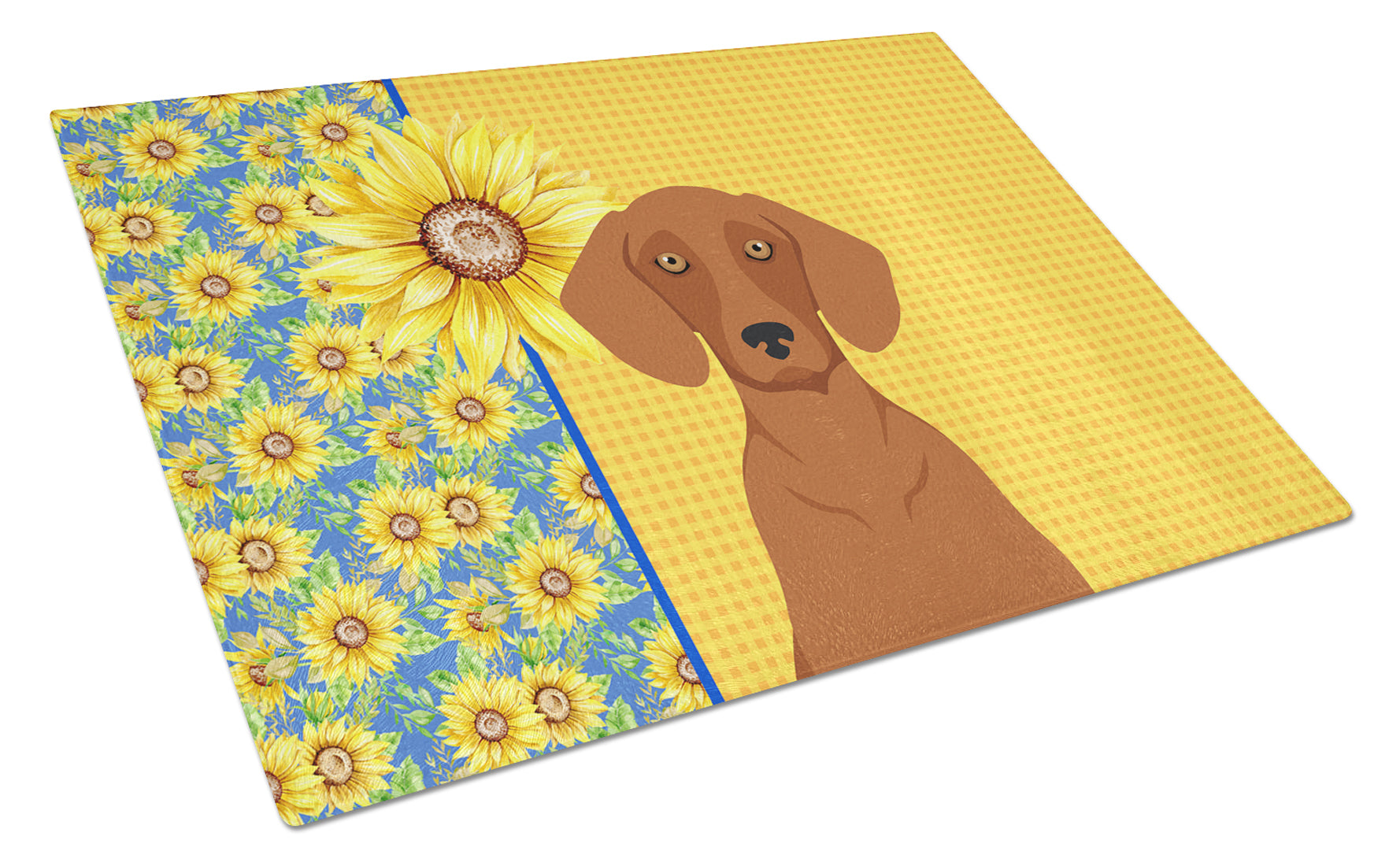 Summer Sunflowers Red Dachshund Cutting Board Tempered Glass Kitchen Cutting Surface, Heat Resistant Chopping, Non-Slip Feet, Food Prep & Serving