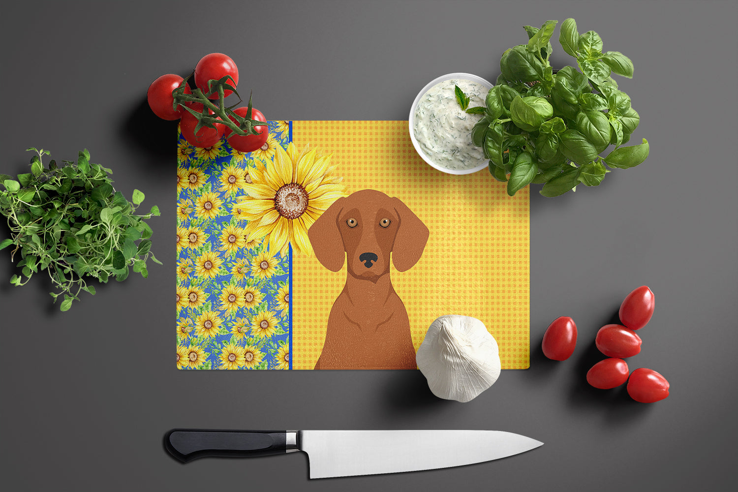 Summer Sunflowers Red Dachshund Cutting Board Tempered Glass Kitchen Cutting Surface, Heat Resistant Chopping, Non-Slip Feet, Food Prep & Serving