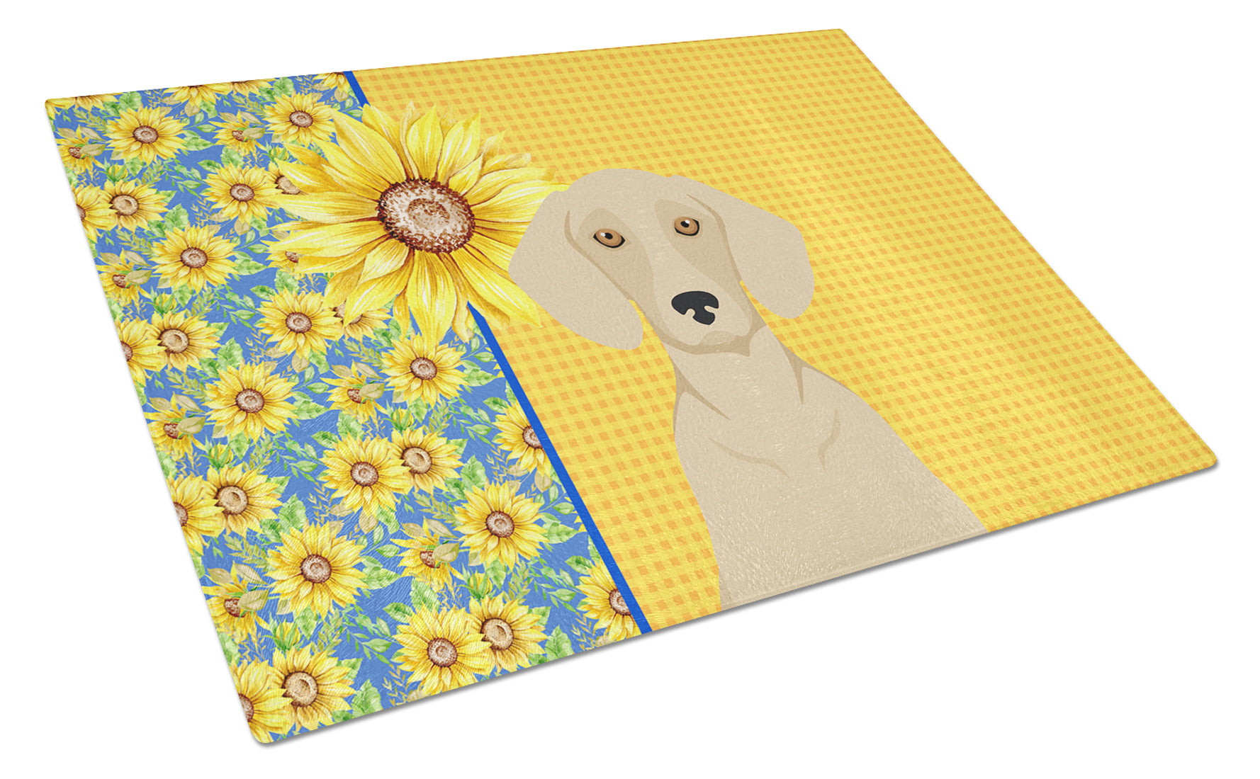 Summer Sunflowers Cream Dachshund Cutting Board Tempered Glass Kitchen Cutting Surface, Heat Resistant Chopping, Non-Slip Feet, Food Prep & Serving