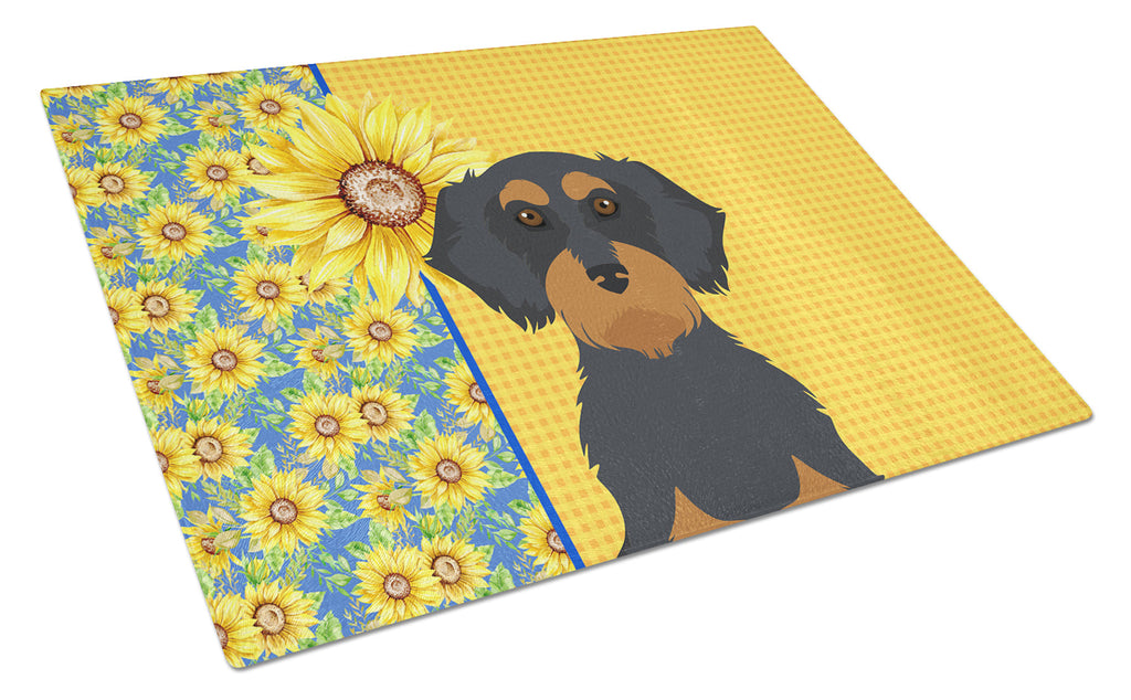 Summer Sunflowers Wirehair Black and Tan Dachshund Cutting Board Tempered Glass Kitchen Cutting Surface, Heat Resistant Chopping, Non-Slip Feet, Food Prep & Serving