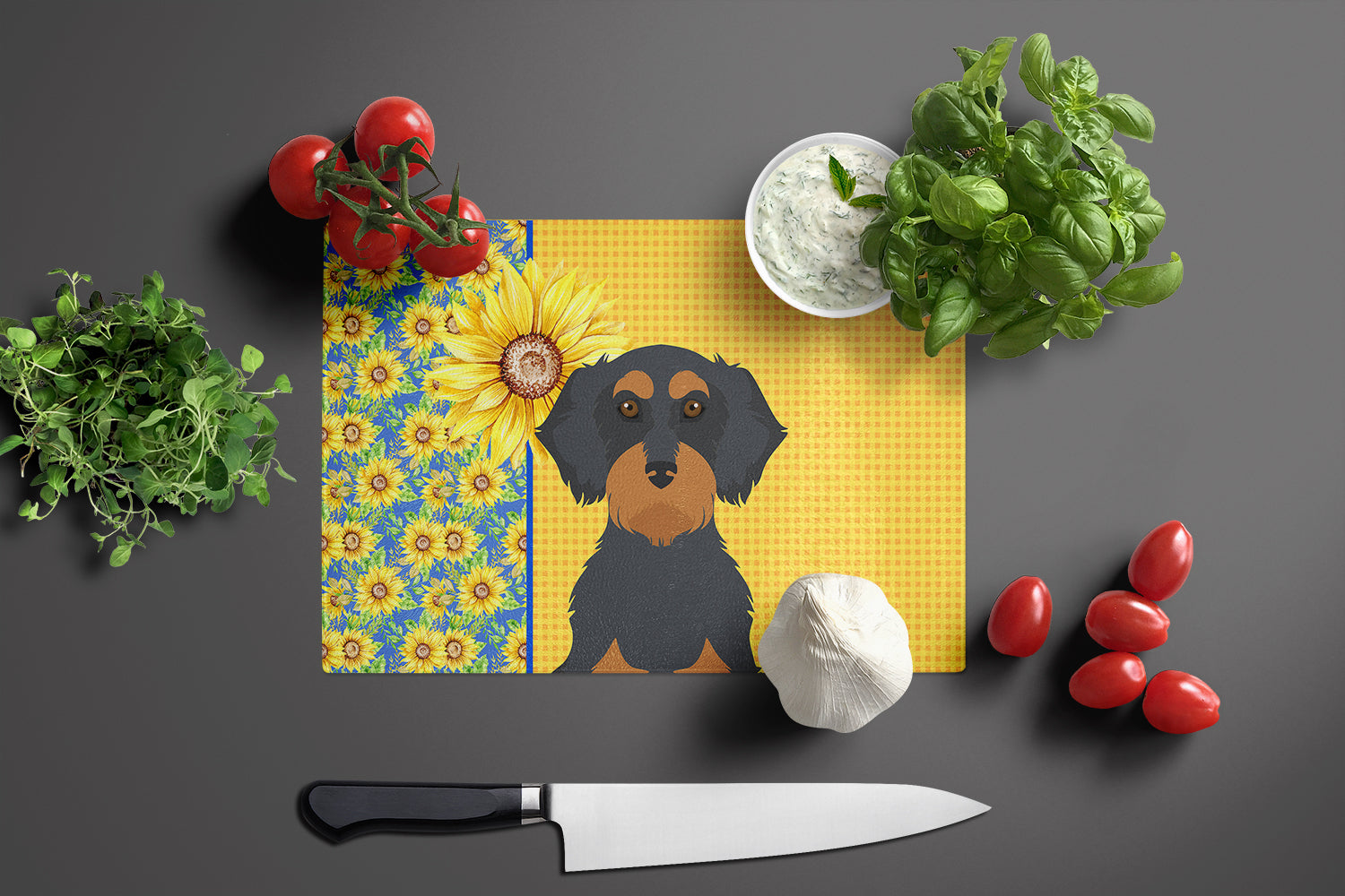 Summer Sunflowers Wirehair Black and Tan Dachshund Cutting Board Tempered Glass Kitchen Cutting Surface, Heat Resistant Chopping, Non-Slip Feet, Food Prep & Serving