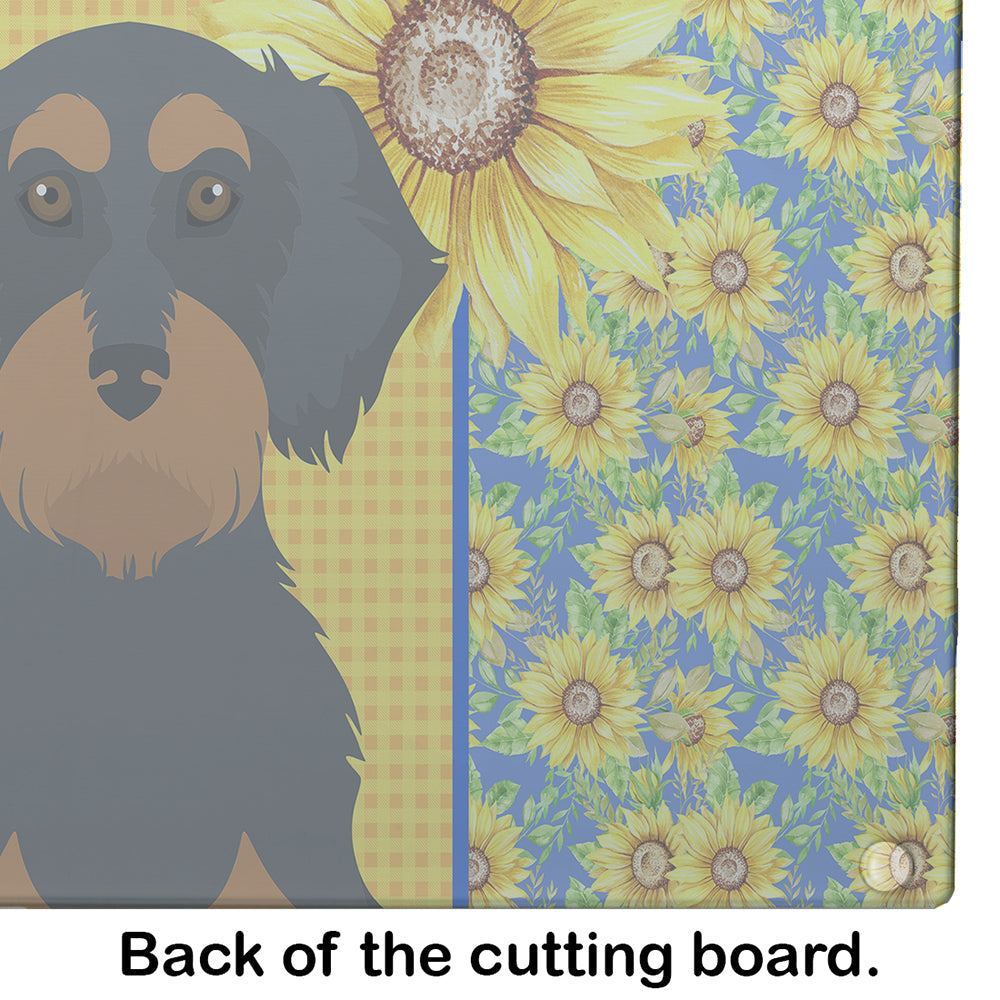 Summer Sunflowers Wirehair Black and Tan Dachshund Cutting Board Tempered Glass Kitchen Cutting Surface, Heat Resistant Chopping, Non-Slip Feet, Food Prep & Serving