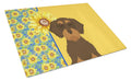 Summer Sunflowers Wirehair Chocolate and Tan Dachshund Cutting Board Tempered Glass Kitchen Cutting Surface, Heat Resistant Chopping, Non-Slip Feet, Food Prep & Serving