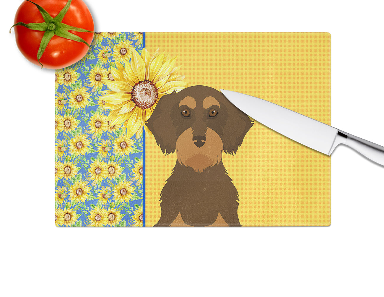 Summer Sunflowers Wirehair Chocolate and Tan Dachshund Cutting Board Tempered Glass Kitchen Cutting Surface, Heat Resistant Chopping, Non-Slip Feet, Food Prep & Serving