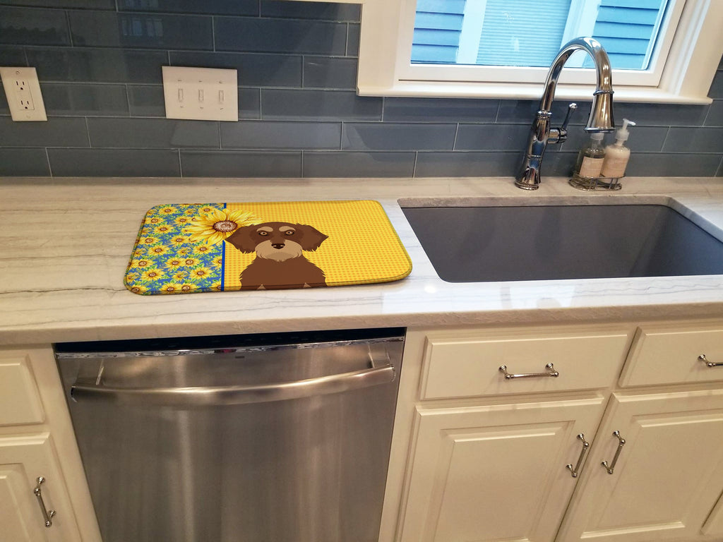 Summer Sunflowers Wirehair Red and Tan Dachshund Dish Drying Mat Absorbent Dish Drying Mat Pad for Kitchen Counter Dish Drainer Mat for Countertop, 14 x 21", Multicolor