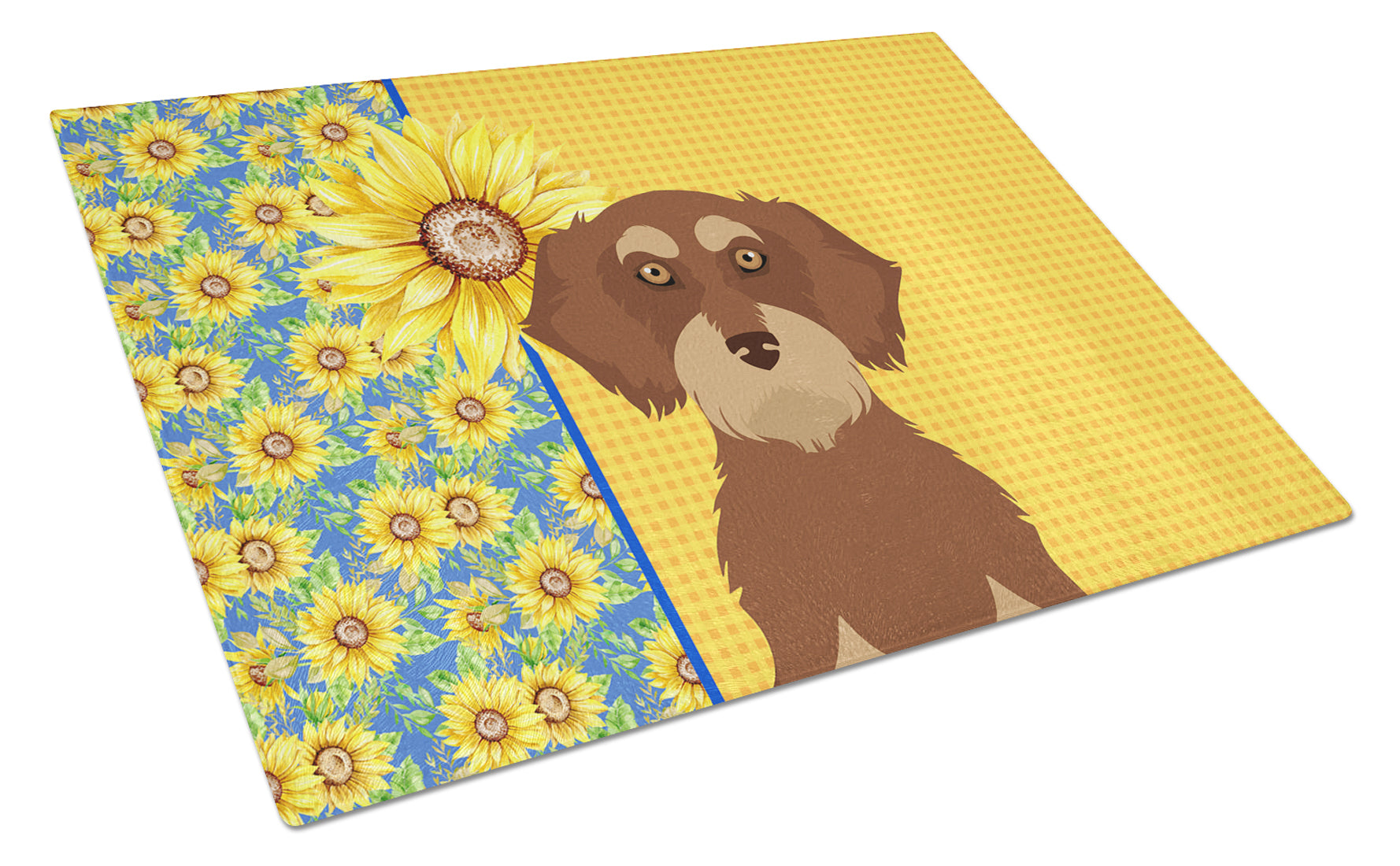 Summer Sunflowers Wirehair Red and Tan Dachshund Cutting Board Tempered Glass Kitchen Cutting Surface, Heat Resistant Chopping, Non-Slip Feet, Food Prep & Serving