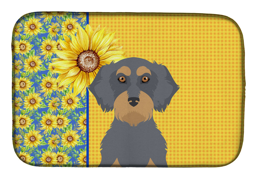 Summer Sunflowers Wirehair Blue and Tan Dachshund Dish Drying Mat Absorbent Dish Drying Mat Pad for Kitchen Counter Dish Drainer Mat for Countertop, 14 x 21", Multicolor