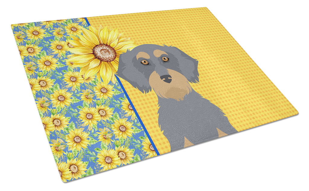 Summer Sunflowers Wirehair Blue and Tan Dachshund Cutting Board Tempered Glass Kitchen Cutting Surface, Heat Resistant Chopping, Non-Slip Feet, Food Prep & Serving
