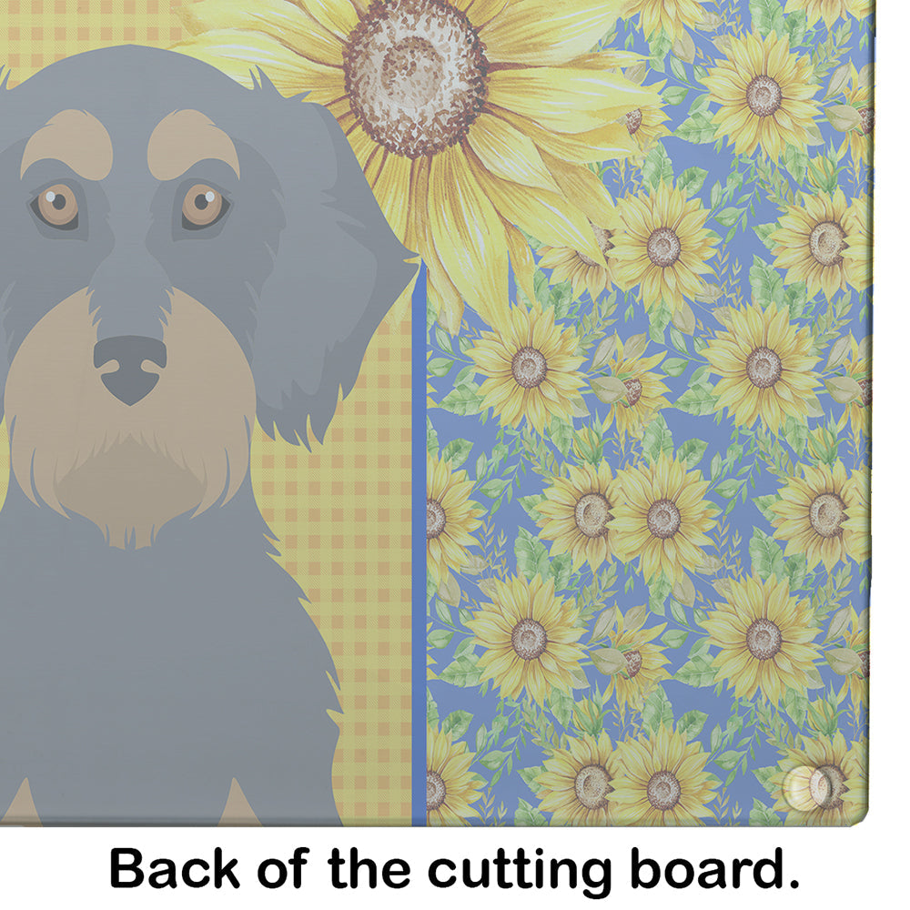 Summer Sunflowers Wirehair Blue and Tan Dachshund Cutting Board Tempered Glass Kitchen Cutting Surface, Heat Resistant Chopping, Non-Slip Feet, Food Prep & Serving